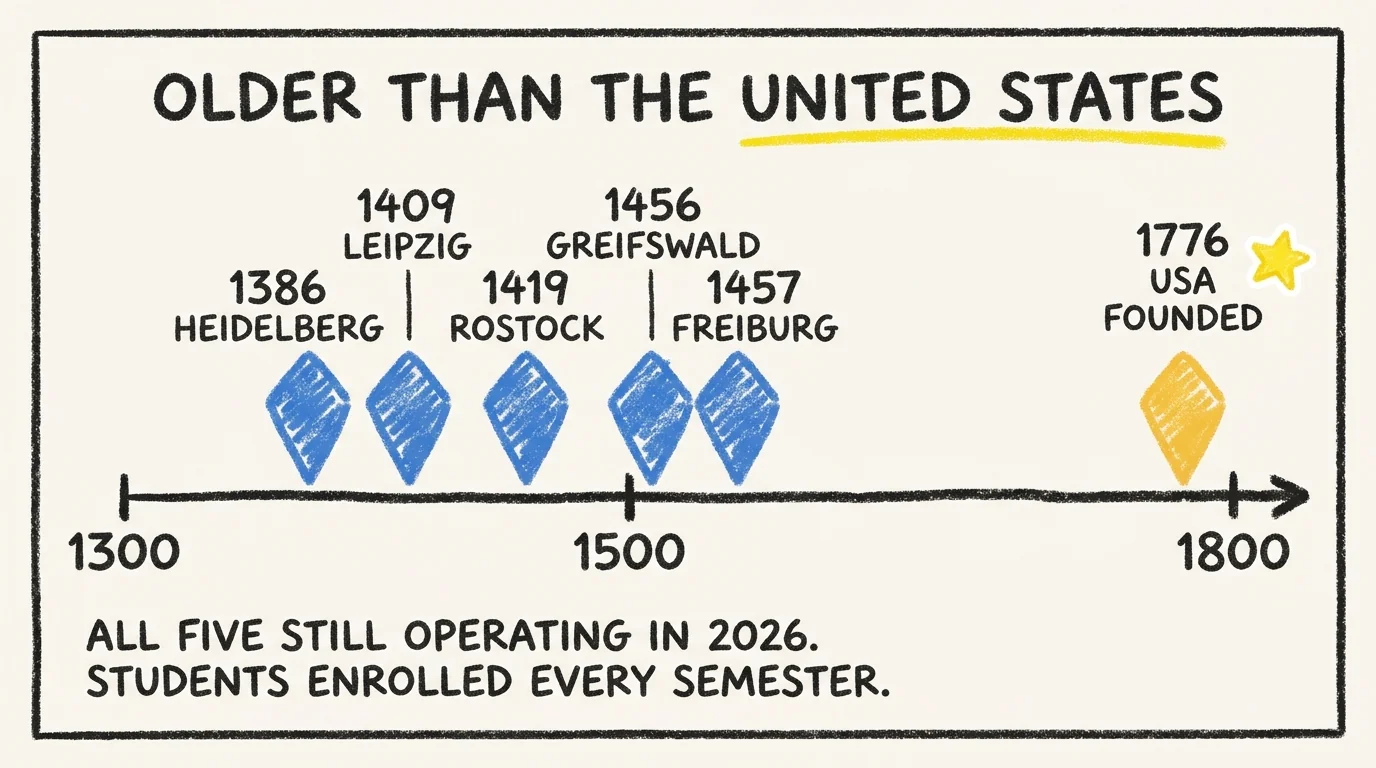 Timeline of Germany's five oldest universities (Heidelberg 1386, Leipzig 1409, Rostock 1419, Greifswald 1456, Freiburg 1457) all founded before the United States in 1776, and all still operating in 2026