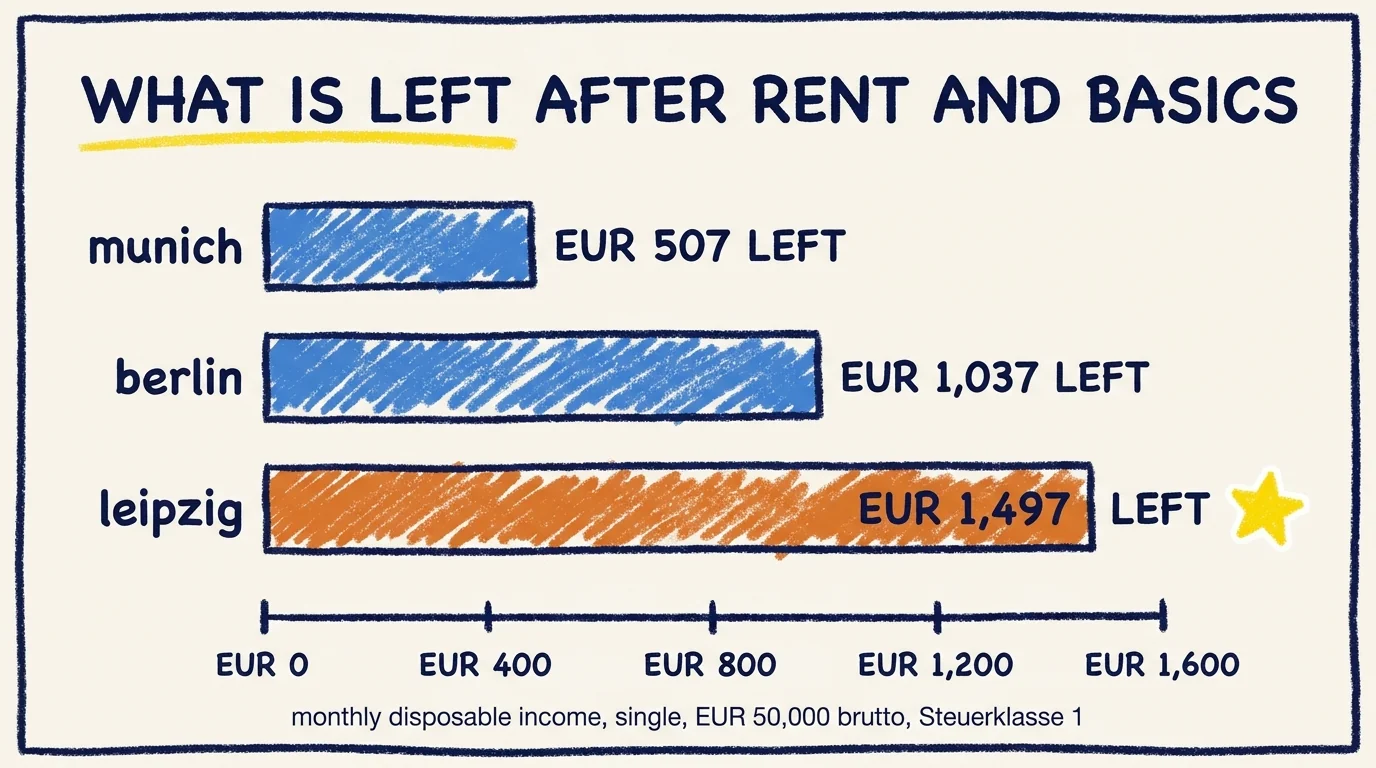 Bar chart showing what is left after rent and basics on a EUR 50,000 salary: Munich EUR 507, Berlin EUR 1,037, Leipzig EUR 1,497.