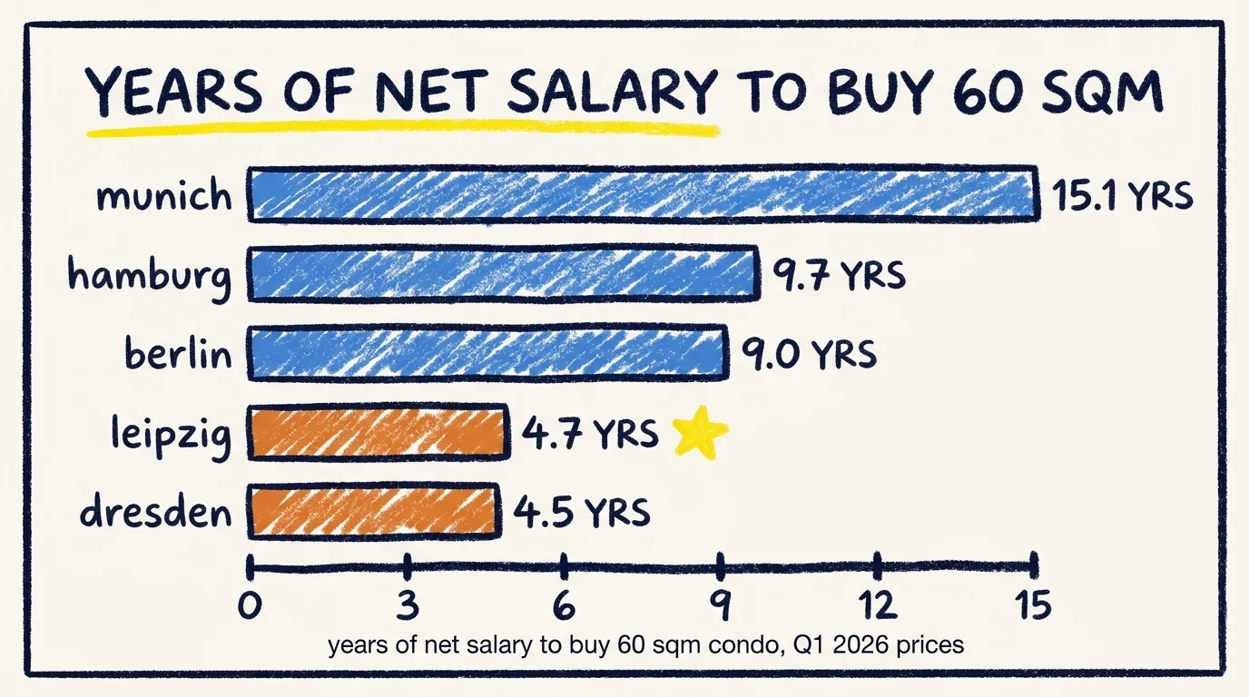 Bar chart showing years of net salary needed to buy a 60 sqm condo across five German cities in Q1 2026: Munich 15.1 years, Hamburg 9.7 years, Berlin 9.0 years, Leipzig 4.7 years, Dresden 4.5 years.