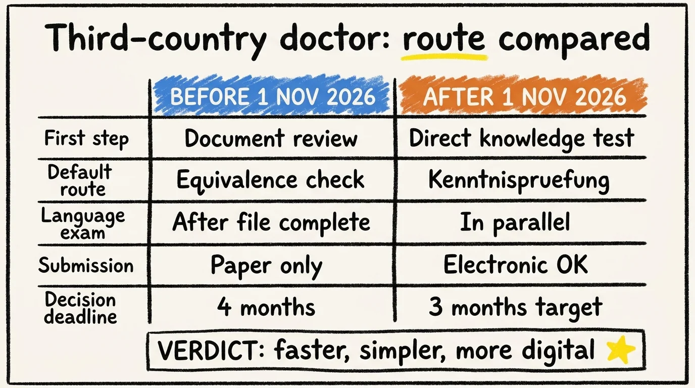 Comparison table for a third-country doctor showing the recognition route before and after 1 November 2026: first step shifts from document review to direct knowledge test, default route from equivalence check to Kenntnispruefung, language exam from after-file-complete to in-parallel, submission from paper-only to electronic OK, and decision deadline from 4 months to a 3-month target. Verdict: faster, simpler, more digital.