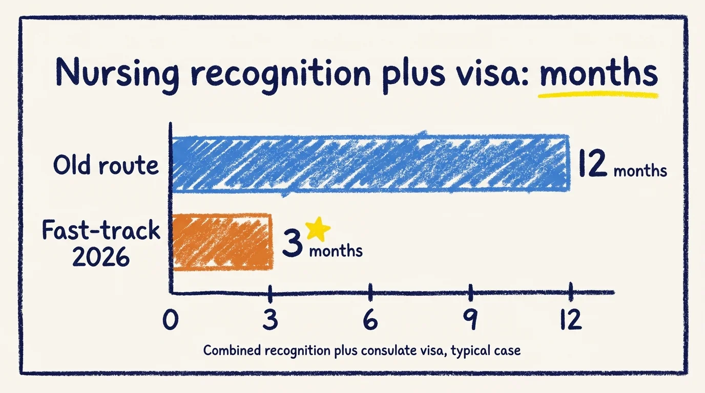 Horizontal bar chart titled Nursing recognition plus visa, in months. Old route bar runs to 12 months in Brand Blue. Fast-track 2026 bar runs to 3 months in Pillar Orange with a yellow star marking the winner. Axis ticks at 0, 3, 6, 9, 12. Caption: combined recognition plus consulate visa, typical case.