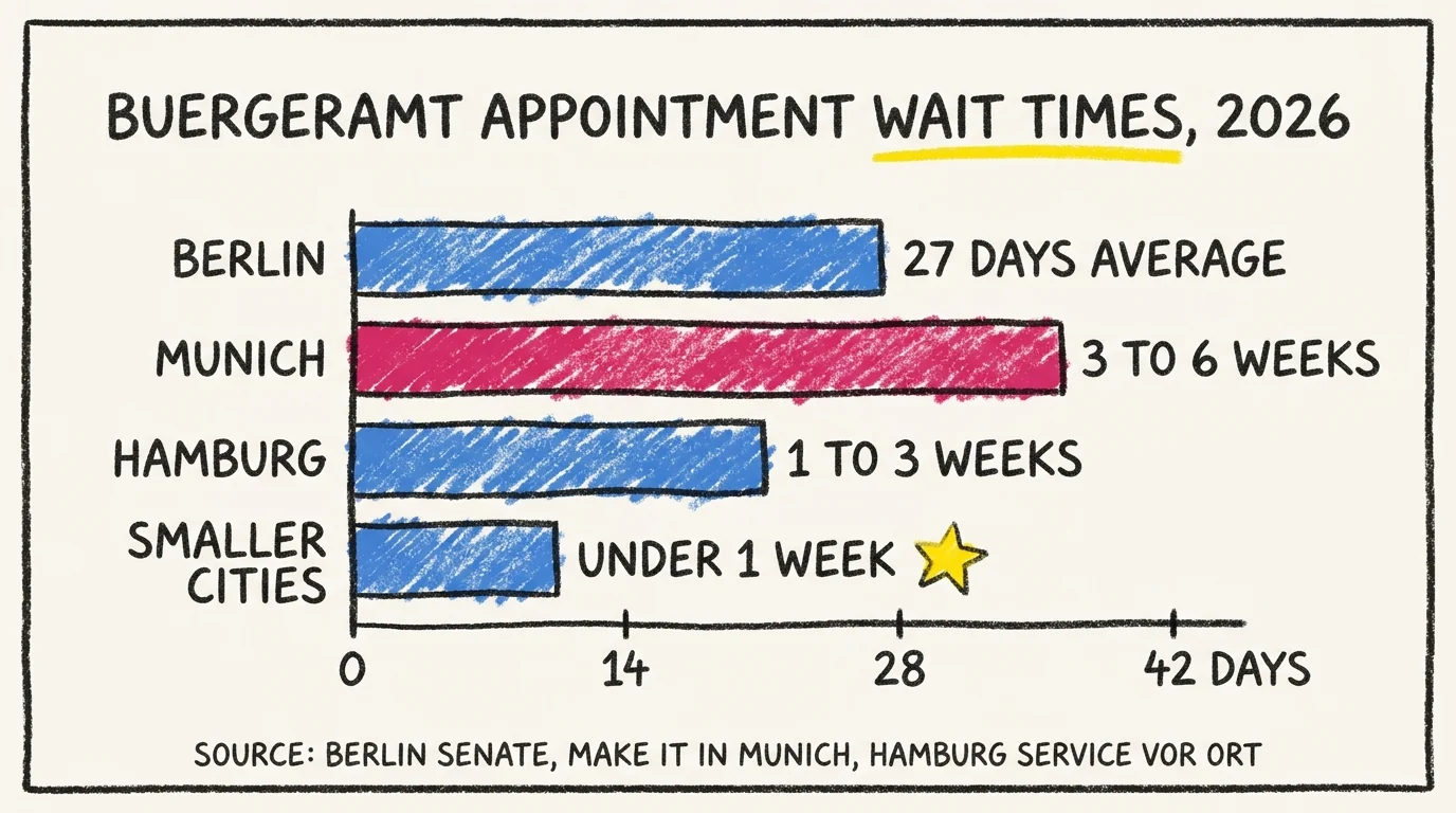 Crayon bar chart titled Bürgeramt appointment wait times 2026: Berlin 27 days average, Munich 3 to 6 weeks, Hamburg 1 to 3 weeks, smaller cities under 1 week. Source: Berlin Senate, Make it in Munich, Hamburg Service vor Ort.