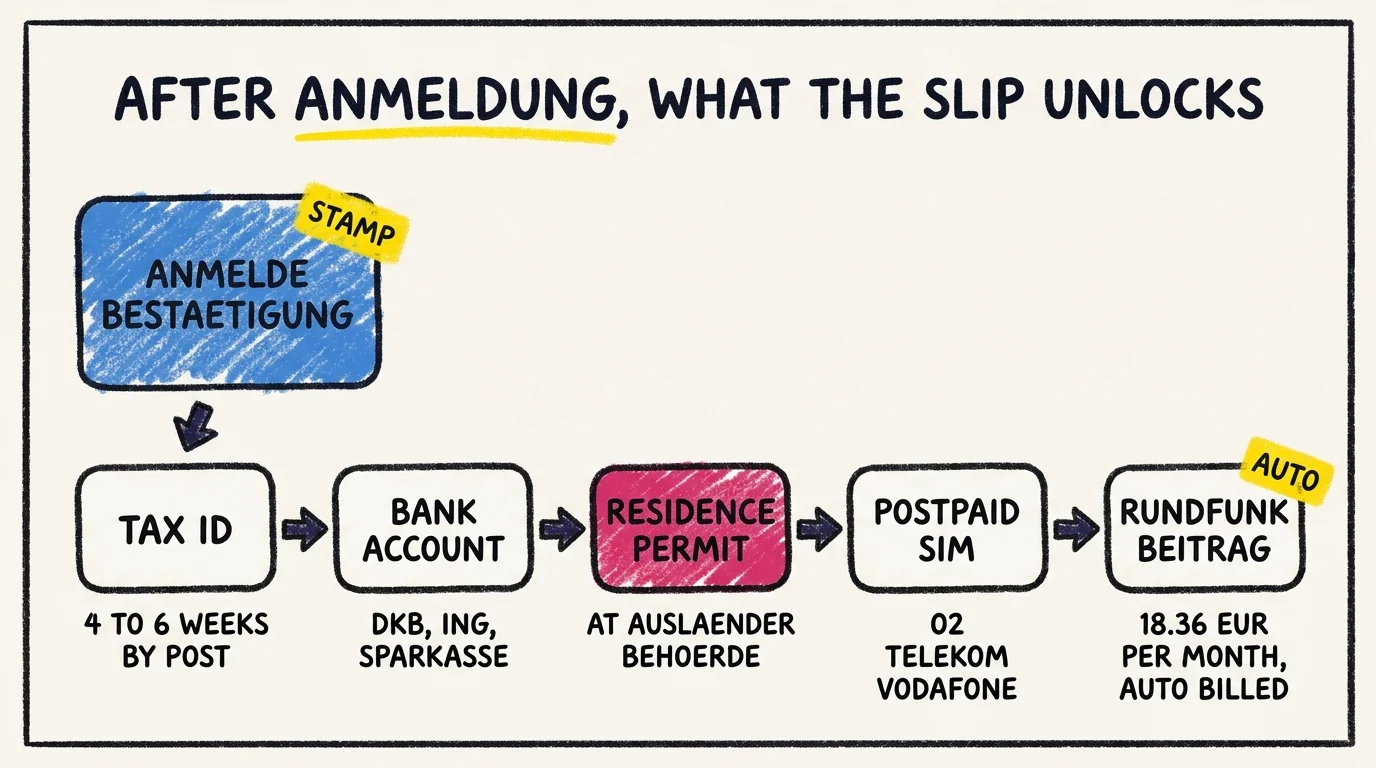 Crayon process flow titled After Anmeldung what the slip unlocks: starting from the Anmeldebestätigung stamp, the chain leads to tax ID by post in 4 to 6 weeks, then bank account at DKB, ING or Sparkasse, then residence permit at the Ausländerbehörde, then postpaid SIM with O2, Telekom or Vodafone, then auto-billed Rundfunkbeitrag at 18.36 EUR per month.