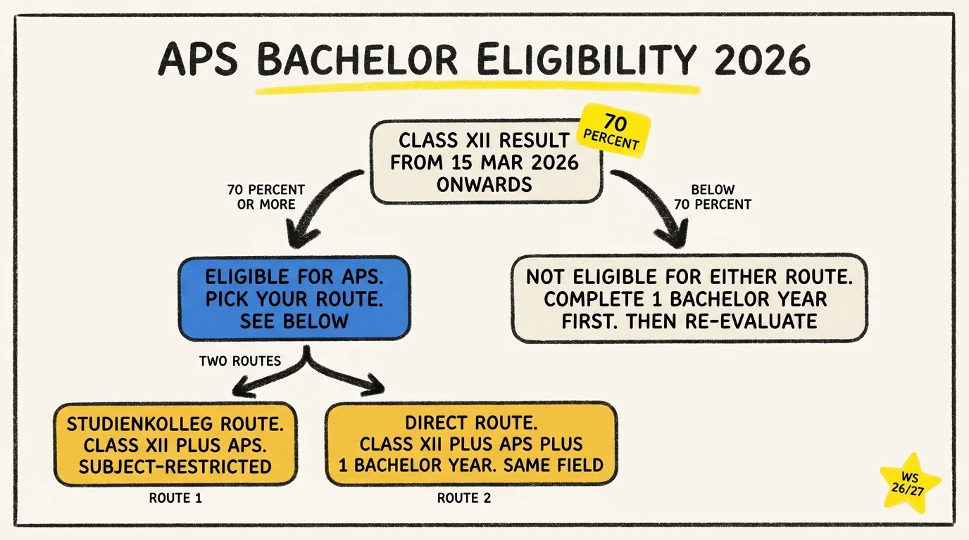 APS Bachelor eligibility 2026 decision tree showing Class XII result threshold from 15 March 2026, with the 70 percent or more branch leading to two routes (Studienkolleg subject-restricted and direct subject-restricted), and the below 70 percent branch leading to complete one Bachelor year first then re-evaluate