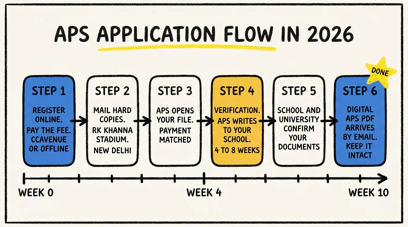 APS application flow timeline 2026 with six steps from week 0 to week 10: register online and pay the fee, mail hard copies to RK Khanna Stadium New Delhi, APS opens your file and matches payment, verification with APS writing to your school over four to eight weeks, school and university confirm your documents, digital APS PDF arrives by email