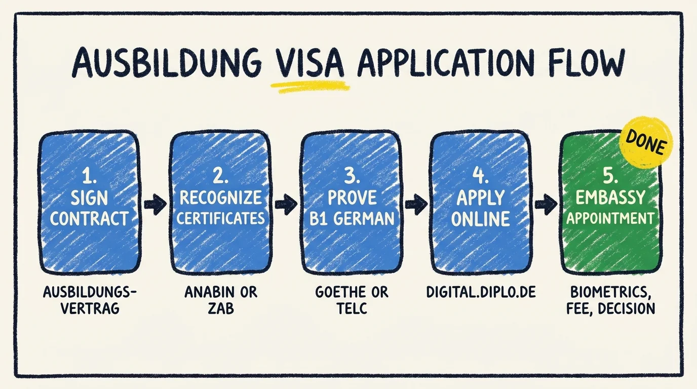 Five-step Ausbildung visa application flow. Step 1: sign the Ausbildungsvertrag. Step 2: recognize school certificates via Anabin or ZAB. Step 3: prove B1 German via Goethe or telc. Step 4: apply online at digital.diplo.de. Step 5: attend the embassy appointment for biometrics, fee, and decision.