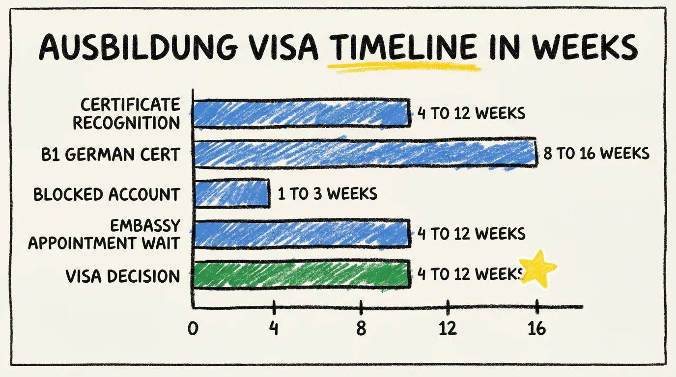 Horizontal bar chart showing the five Ausbildung visa preparation phases in weeks. Certificate recognition takes 4 to 12 weeks, B1 German certification 8 to 16 weeks, blocked account opening 1 to 3 weeks, embassy appointment wait 4 to 12 weeks, and visa decision after submission 4 to 12 weeks.