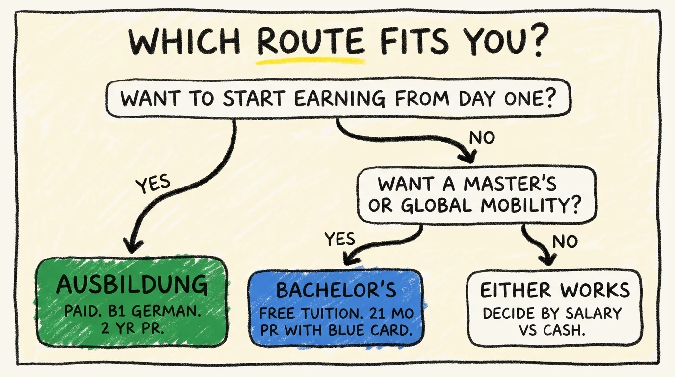 Decision tree titled "Which route fits you?" with a yellow underline beneath the word route. The first decision is whether you want to start earning from day one. Yes leads directly to Ausbildung, which is paid, requires B1 German, and reaches permanent residency in 2 years. No leads to a second question about wanting a Master's or global mobility. Yes there leads to Bachelor's with free tuition and 21 months to PR with a Blue Card. No leads to either route working, with the call to decide by salary versus cash.