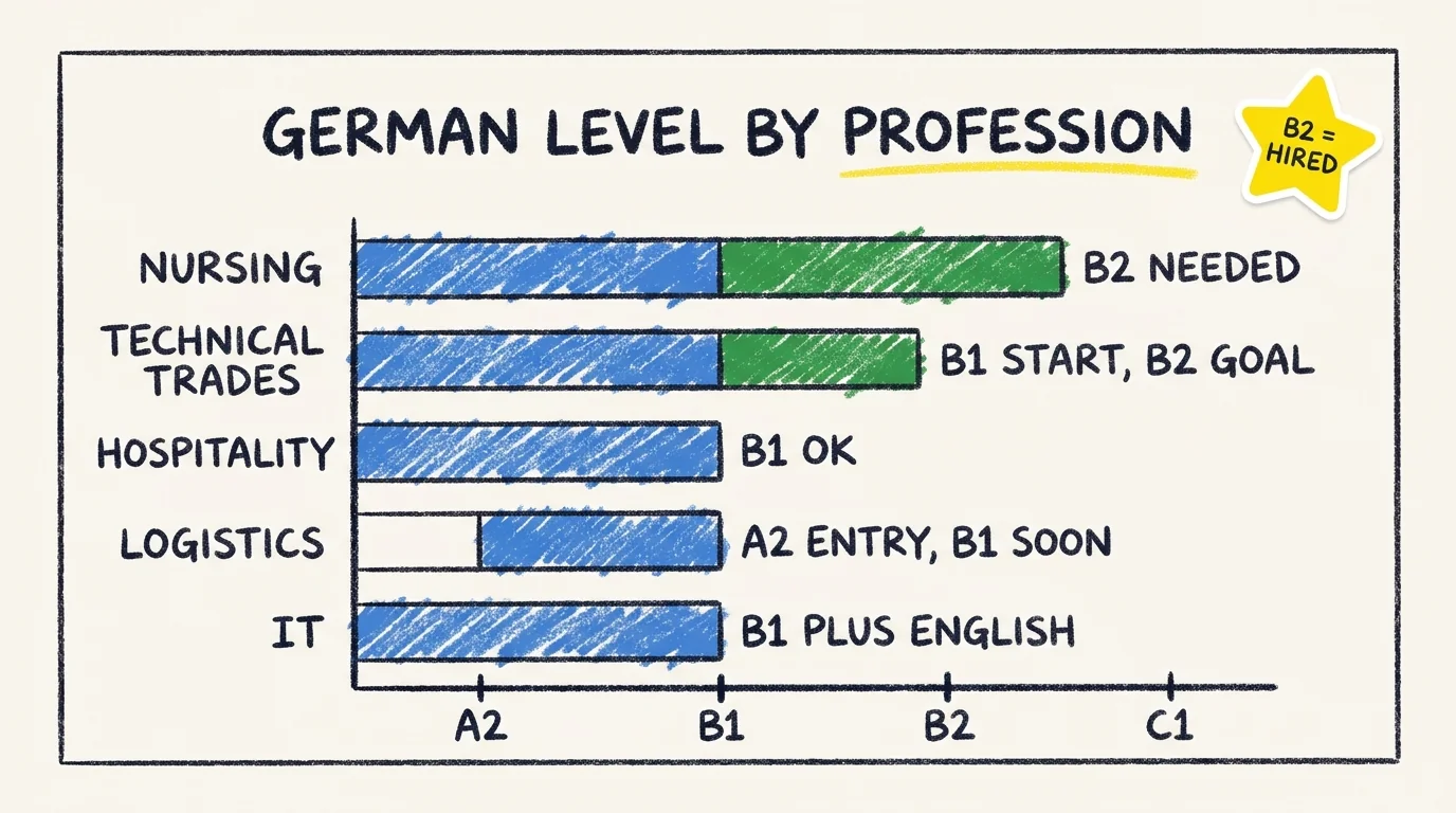 Bar chart of German language level required by Ausbildung profession family. Nursing needs B2. Technical trades start at B1, B2 is the goal. Hospitality is B1. Logistics accepts A2 entry, B1 soon. IT needs B1 plus English.