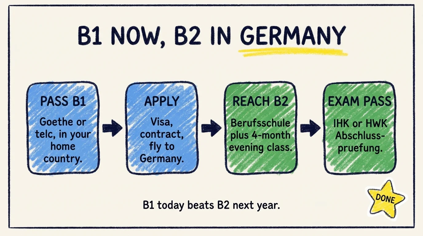 Process flow showing the four-step path: Pass B1 with Goethe or telc in your home country, then apply for visa and contract and fly to Germany, then reach B2 via Berufsschule plus a 4-month evening class, then pass the IHK or HWK Abschlussprüfung. B1 today beats B2 next year.