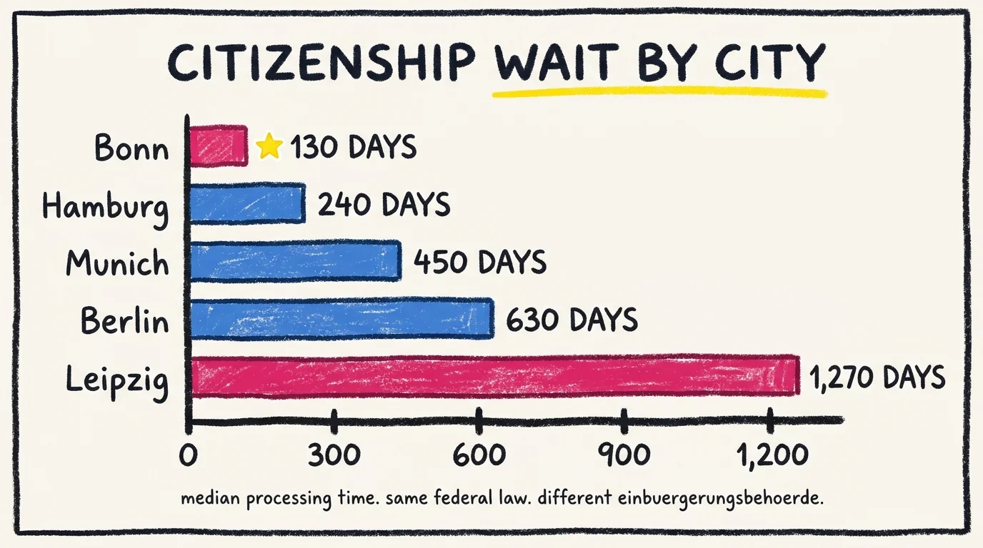 Horizontal bar chart comparing median citizenship processing wait times by city: Bonn 130 days (winner), Hamburg 240 days, Munich 450 days, Berlin 630 days, Leipzig 1,270 days. Same federal law, different local Einbuergerungsbehoerde.