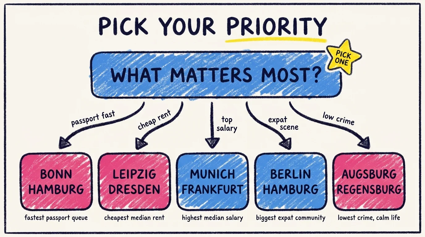 Decision tree titled Pick Your Priority. Top box asks What Matters Most? Five branches lead to: passport fast (Bonn or Hamburg), cheap rent (Leipzig or Dresden), top salary (Munich or Frankfurt), expat scene (Berlin or Hamburg), low crime (Augsburg or Regensburg).
