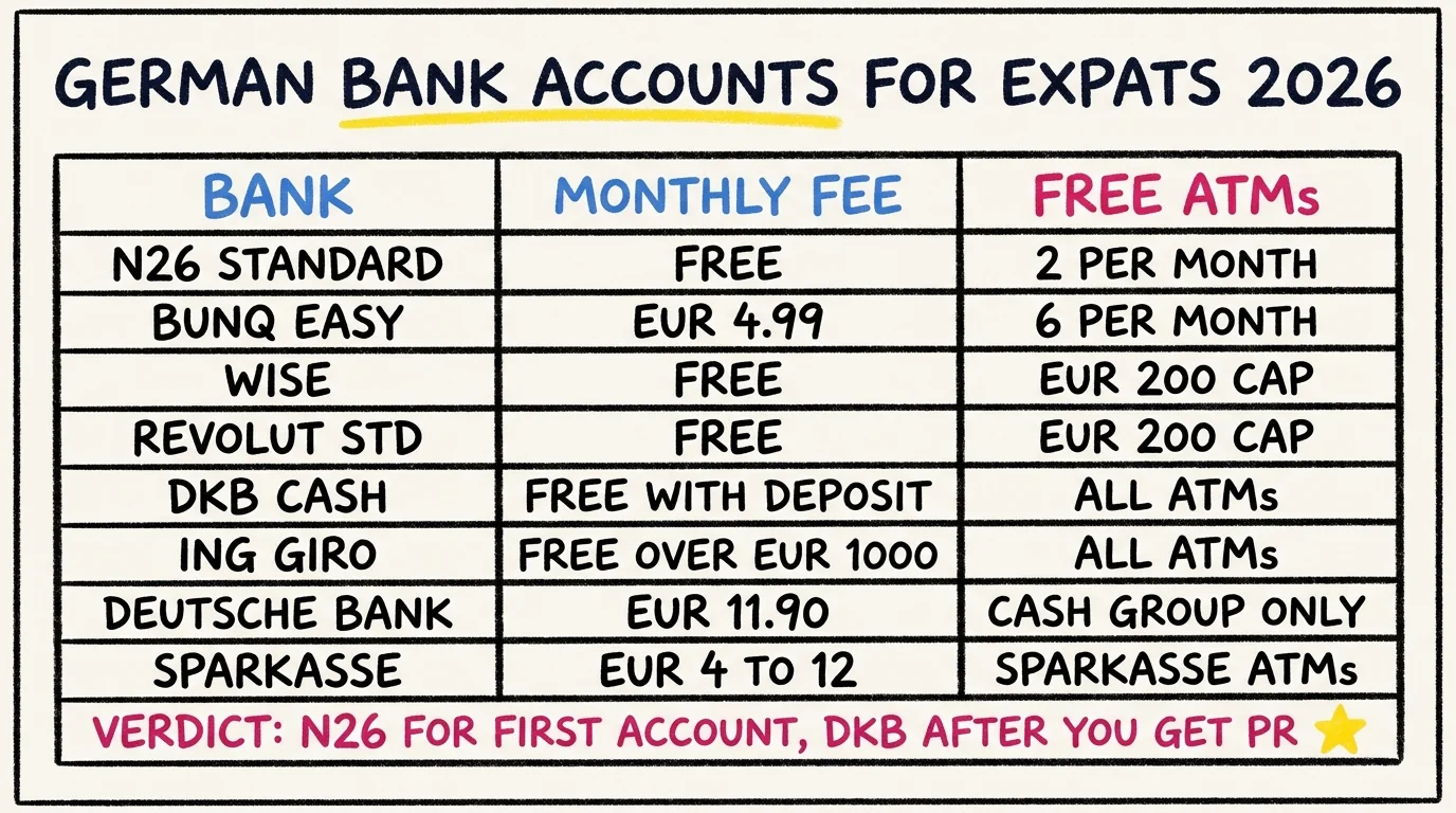 Comparison table of monthly fees and free ATM allowances across the eight most popular German bank accounts for expats in 2026, with N26 Standard recommended for first account and DKB after permanent residence