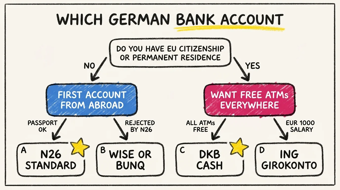 Decision tree for choosing the right German bank account for expats in 2026, branching on EU citizenship and permanent residence status with N26 Standard, Wise or bunq, DKB Cash, and ING Girokonto as the four leaf options