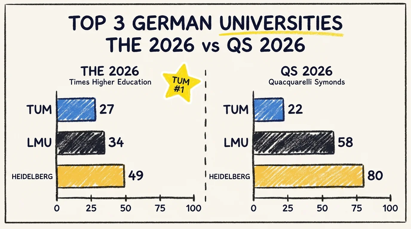 Side by side bar chart comparing the THE 2026 and QS 2026 rankings for Germany's top three universities. THE 2026 places TUM at 27, LMU at 34, Heidelberg at 49. QS 2026 places TUM at 22, LMU at 58, Heidelberg at 80. TUM is the highest ranked German university in both systems.