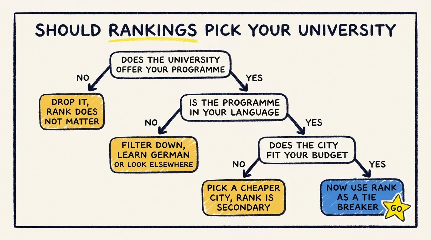 Decision tree titled Should rankings pick your university. Top question, does the university offer your programme. No leads to drop it, rank does not matter. Yes leads to is the programme in your language. No leads to filter down, learn German or look elsewhere. Yes leads to does the city fit your budget. No leads to pick a cheaper city, rank is secondary. Yes leads to now use rank as a tie breaker.