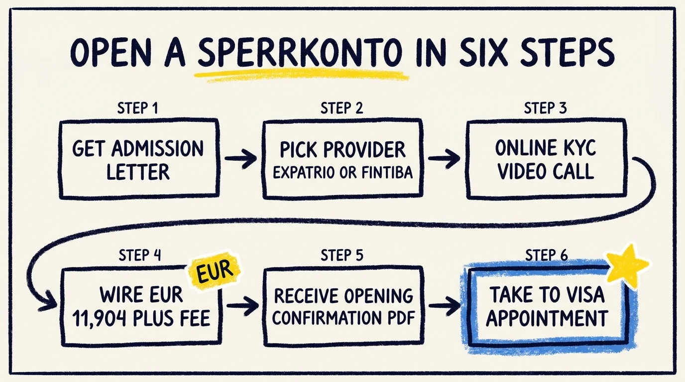 Process flow diagram showing six steps to open a Sperrkonto: Step 1 get admission letter, Step 2 pick provider Expatrio or Fintiba, Step 3 online KYC video call, Step 4 wire EUR 11,904 plus fee, Step 5 receive Opening Confirmation PDF, Step 6 take to visa appointment marked with a yellow star.