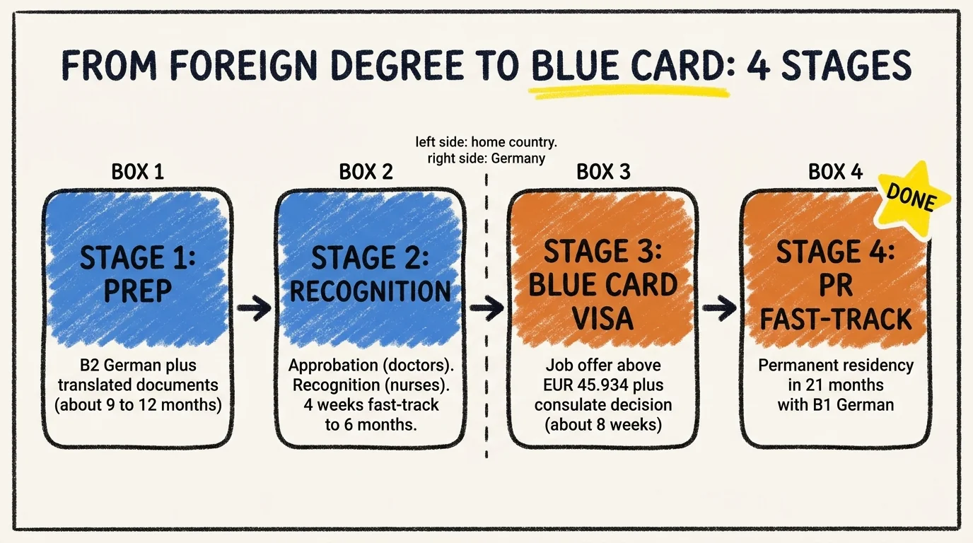 Process flow showing the four stages from foreign healthcare qualification to Germany Blue Card and permanent residency: stage 1 language and document prep, stage 2 recognition application Anerkennung or Approbation, stage 3 job offer and Blue Card visa, stage 4 permanent residency in 21 months with B1 German