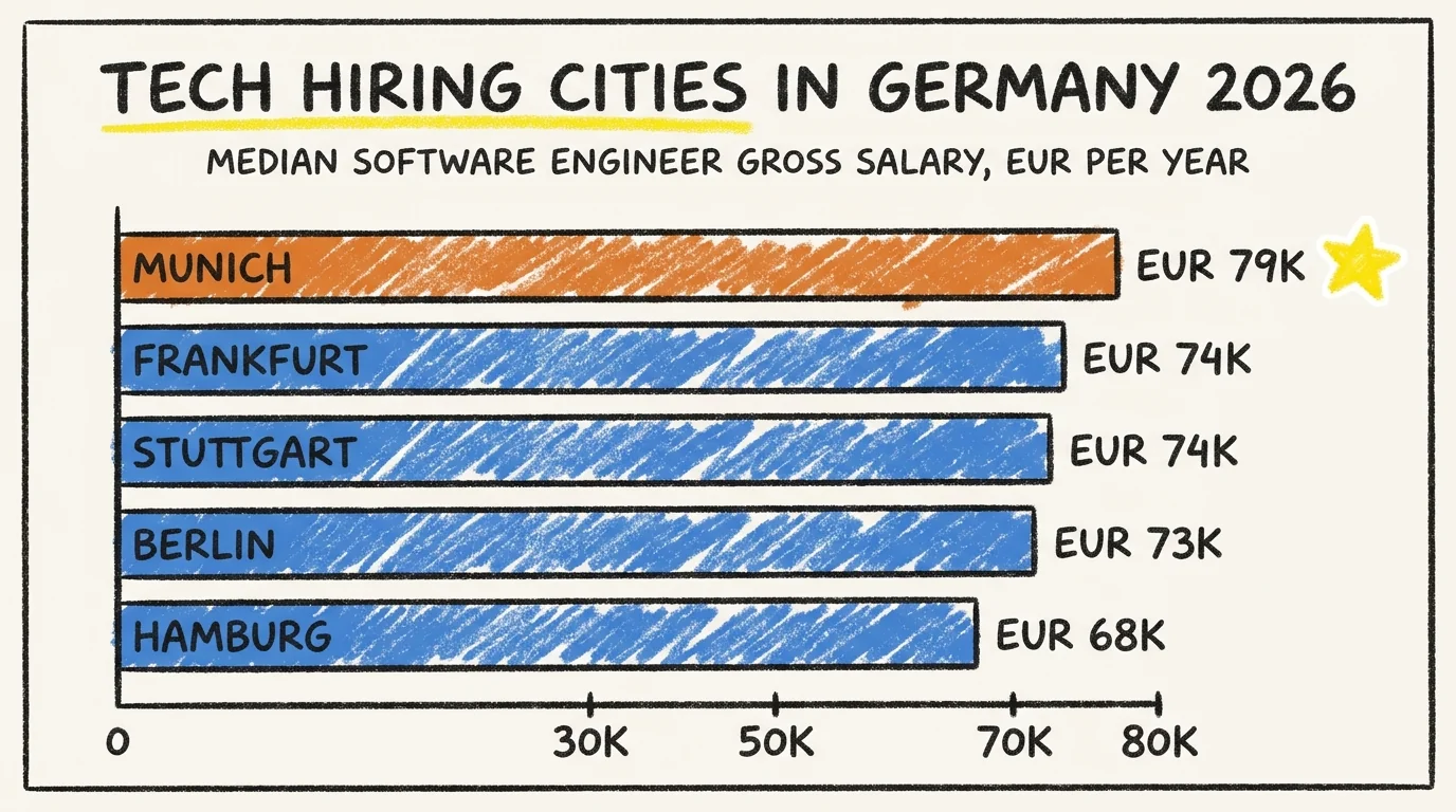 Bar chart of median software engineer gross salaries across the top five German tech hiring cities in 2026: Munich EUR 79K, Frankfurt EUR 74K, Stuttgart EUR 74K, Berlin EUR 73K, Hamburg EUR 68K