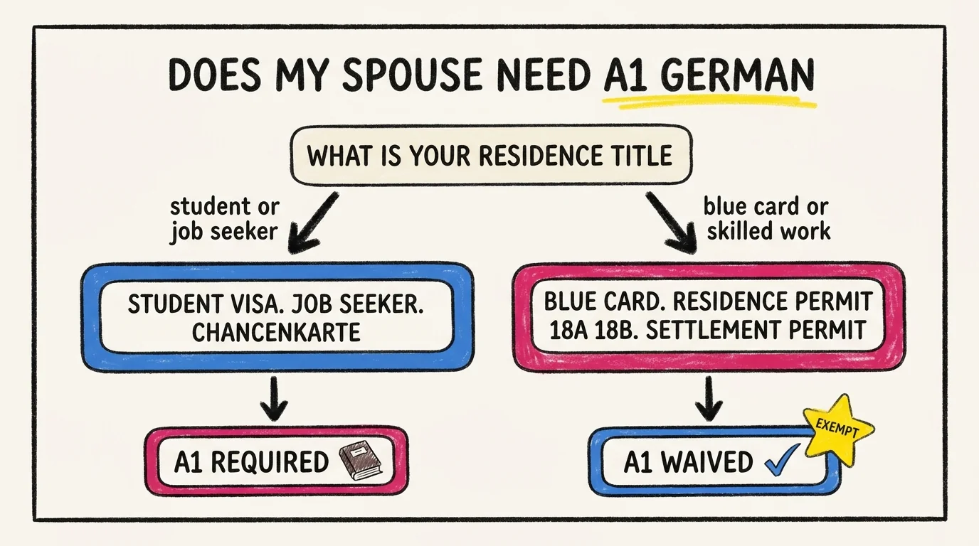 Decision tree showing whether your spouse needs A1 German based on your residence title in Germany. Students, job seekers, and Chancenkarte holders need A1; Blue Card, residence permit 18a or 18b, and settlement permit holders are exempt.