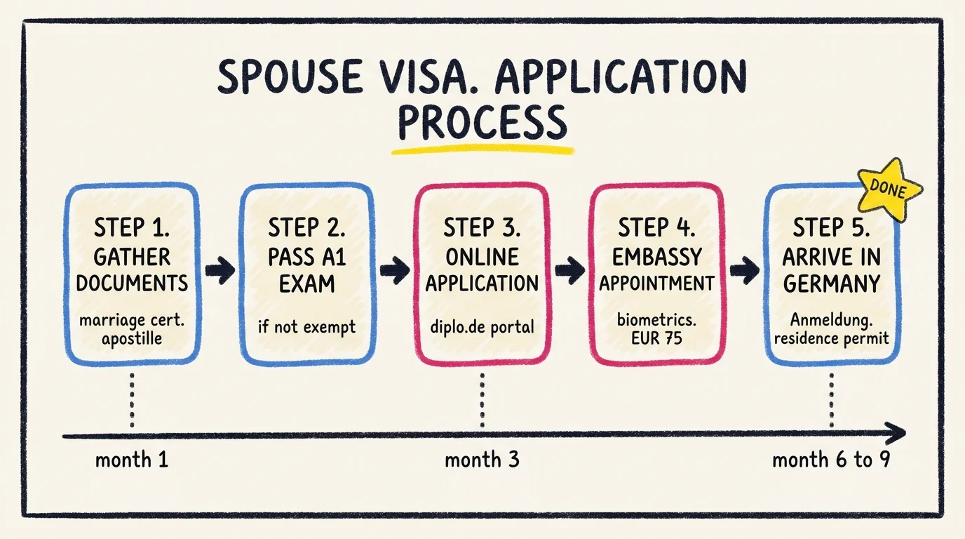 Five-step horizontal process flow for the spouse visa application. Step 1: gather documents and apostille marriage certificate. Step 2: pass A1 exam if not exempt. Step 3: submit online application via diplo.de portal. Step 4: embassy appointment with biometrics and EUR 75 fee. Step 5: arrive in Germany, register address, get residence permit. Timeline shows month 1, month 3, and month 6 to 9 from start to arrival.