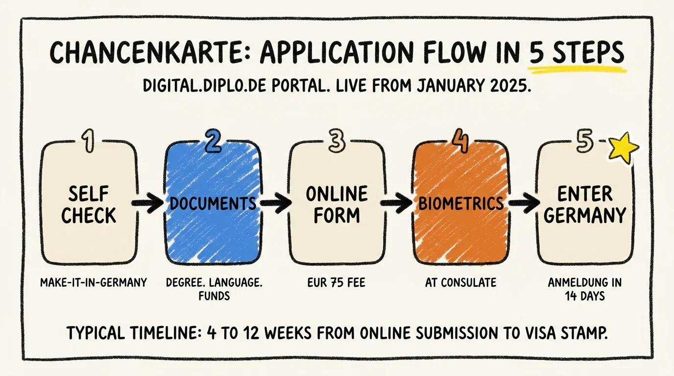 Five-step Chancenkarte application flow via the digital.diplo.de portal: 1 self-check on Make-it-in-Germany, 2 documents (degree, language, funds), 3 online form with EUR 75 fee, 4 biometrics at the consulate, 5 enter Germany and complete Anmeldung within 14 days; typical timeline 4 to 12 weeks from online submission to visa stamp.