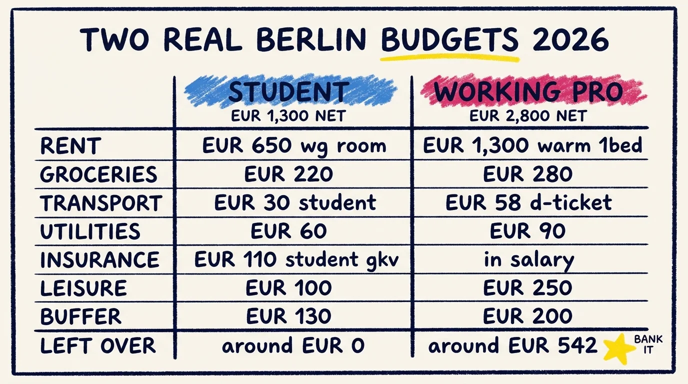 Side-by-side comparison table of monthly Berlin budgets in 2026: solo Master's student on EUR 1,300 net spends WG room 650, groceries 220, transport 30, utilities 60, student insurance 110, leisure 100, buffer 130, with around EUR 0 left over; solo working professional on EUR 2,800 net spends 1bed warm rent 1,300, groceries 280, Deutschlandticket 58, utilities 90, insurance in salary, leisure 250, buffer 200, with around EUR 542 left over to bank