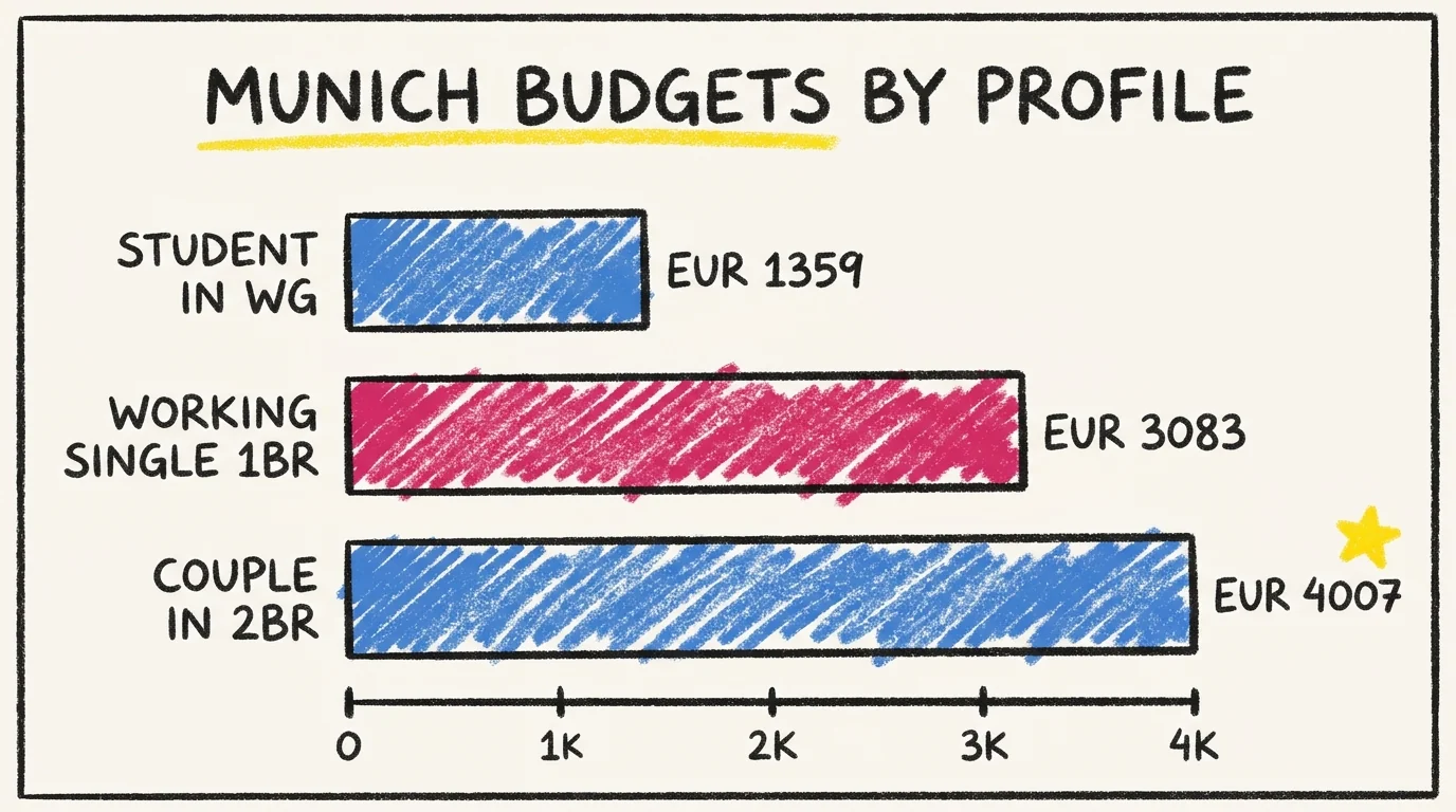 Bar chart comparing three Munich monthly budgets: Master's student in a WG at EUR 1359, working professional single in a 1-bedroom at EUR 3083, and a couple in a 2-bedroom at EUR 4007.