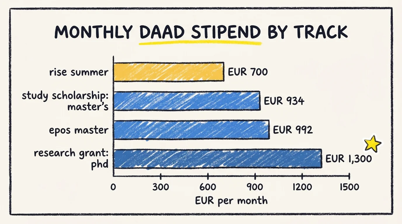 Horizontal bar chart comparing monthly DAAD stipends across four programme tracks: RISE summer EUR 700, Study Scholarship Master's EUR 934, EPOS Master EUR 992, Research Grant PhD EUR 1,300.