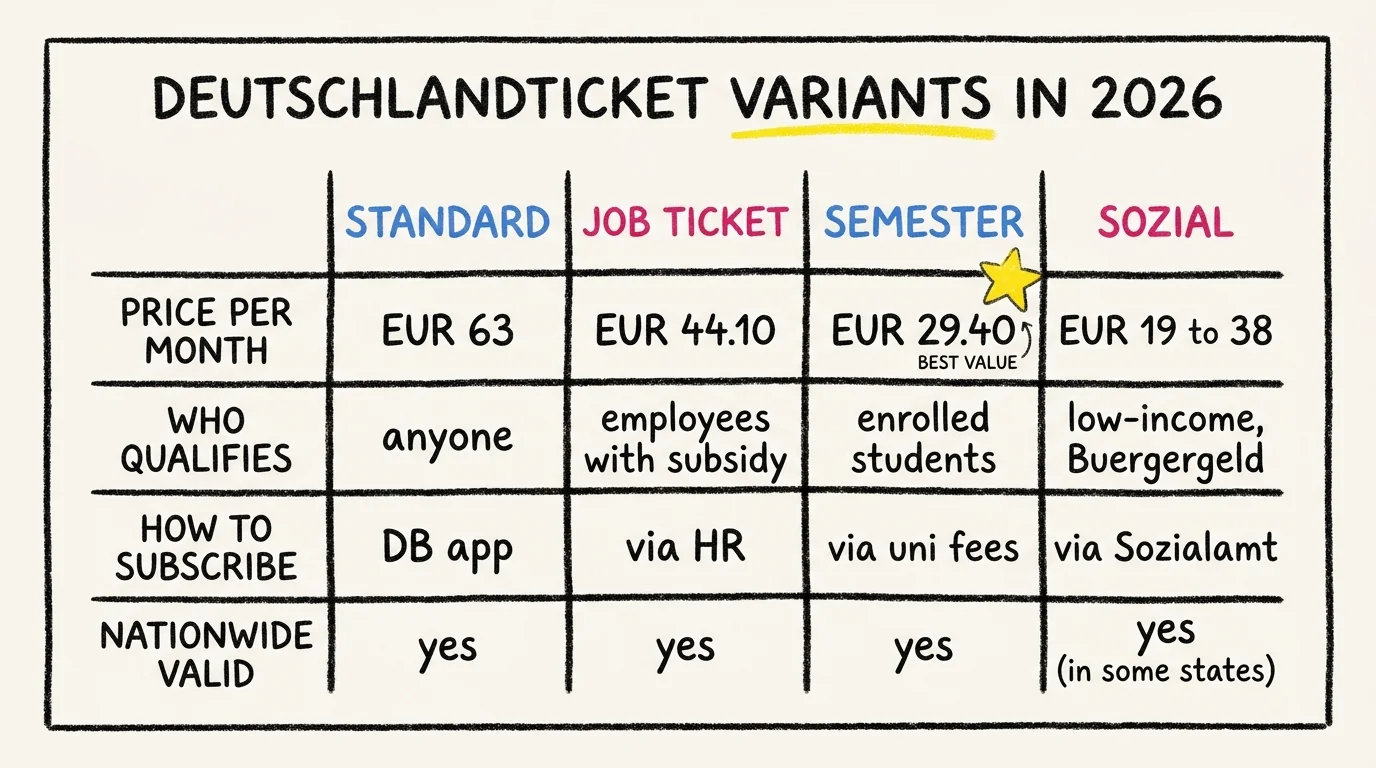 Comparison table of Deutschlandticket variants in 2026: standard EUR 63 for anyone via DB app, Job Ticket EUR 44.10 for employees with subsidy via HR, Semester EUR 29.40 for enrolled students via uni fees marked best value, Sozial EUR 19 to 38 for low-income and Bürgergeld recipients via Sozialamt, all nationwide valid