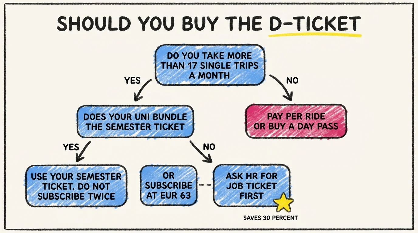 Decision tree for whether you should buy the D-Ticket: ask if you take more than 17 single trips a month, if no pay per ride or buy a day pass, if yes check whether your university bundles the semester ticket, if yes use your semester ticket and do not subscribe twice, if no ask HR for the Job Ticket first which saves 30 percent or subscribe at EUR 63