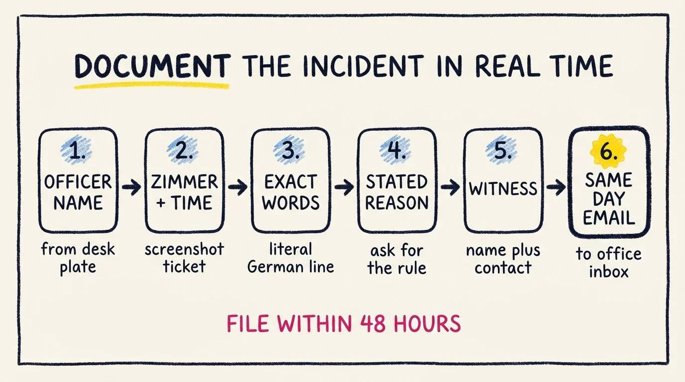 Six-step crayon process flow titled Document the Incident in Real Time. Step 1 officer name from the desk plate, step 2 Zimmer plus time and screenshot the ticket, step 3 exact words in literal German, step 4 the stated reason and ask which rule, step 5 a witness name plus contact, step 6 a same-day email to the office inbox. Pillar Pink line below reads File Within 48 Hours.