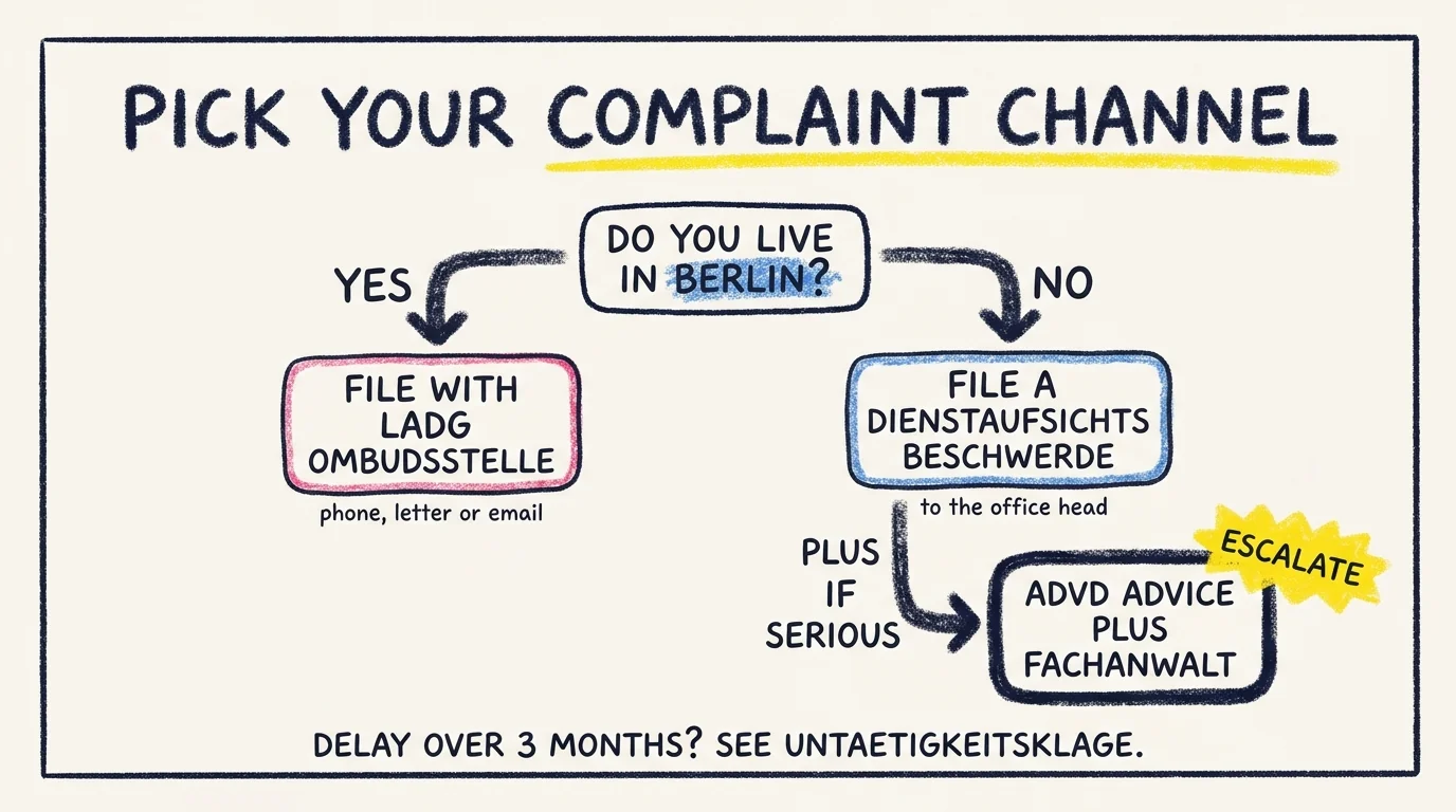 Top-down crayon decision tree titled Pick Your Complaint Channel. Top question Do you live in Berlin? Yes branch leads to File with LADG Ombudsstelle by phone, letter or email. No branch leads to File a Dienstaufsichtsbeschwerde to the office head, then if serious escalate to ADVD advice plus a Fachanwalt with a yellow Escalate sticker. Bottom line reads Delay over 3 months? See Untaetigkeitsklage.