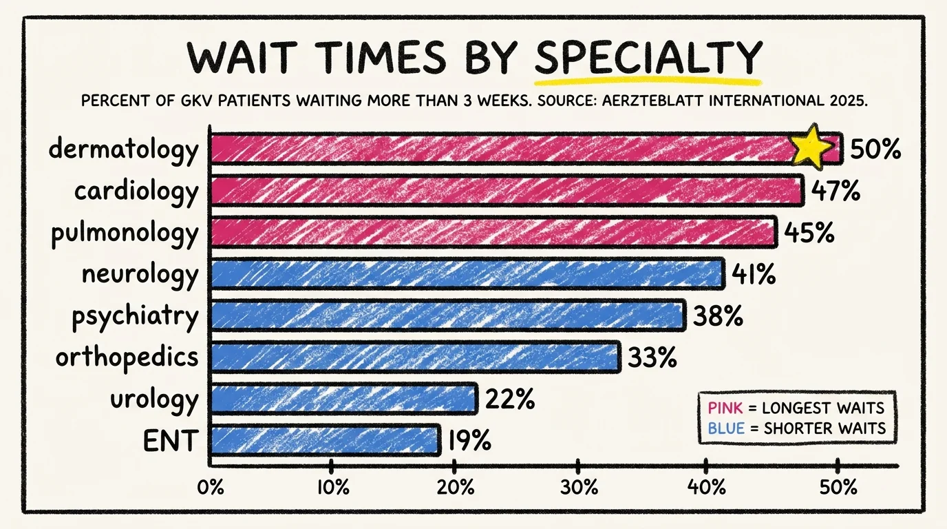 Horizontal crayon bar chart showing percent of GKV patients waiting more than 3 weeks for a specialist appointment, by specialty: dermatology 50 percent, cardiology 47 percent, pulmonology 45 percent, neurology 41 percent, psychiatry 38 percent, orthopedics 33 percent, urology 22 percent, ENT 19 percent. Source Aerzteblatt International 2025.