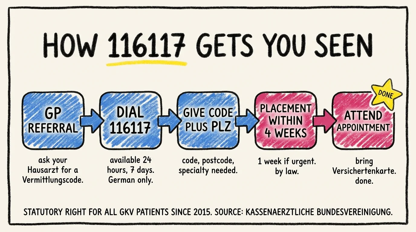 Five-step crayon process flow titled HOW 116117 GETS YOU SEEN. Step 1 GP referral and Vermittlungscode. Step 2 dial 116117 24 hours 7 days. Step 3 give code plus postcode and specialty. Step 4 placement within 4 weeks or 1 week if urgent. Step 5 attend appointment with Versichertenkarte. Statutory right for all GKV patients since 2015 source Kassenaerztliche Bundesvereinigung.