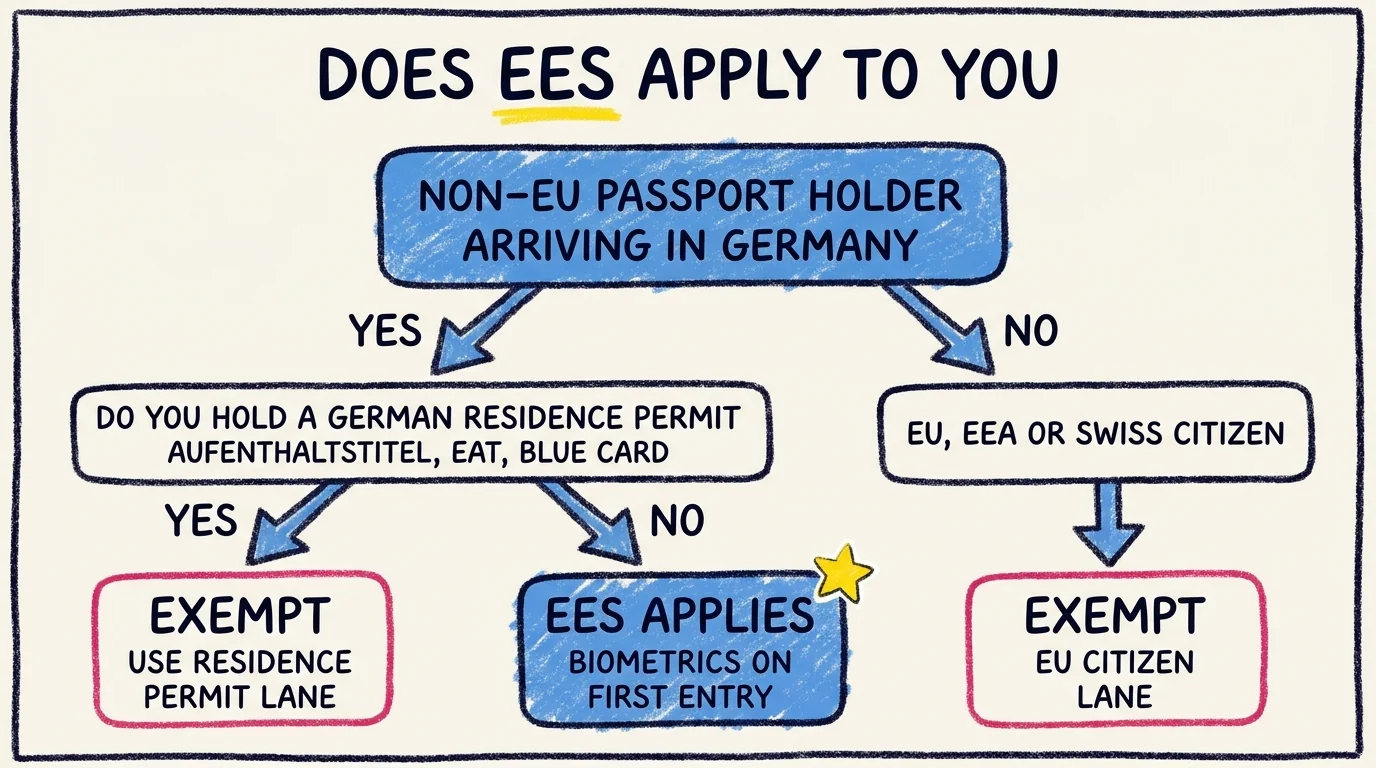 Decision tree showing whether EES applies. Non-EU passport holder arriving in Germany without a German residence permit and not an EU/EEA/Swiss citizen: EES applies, biometrics on first entry. With a residence permit (Aufenthaltstitel, eAT, Blue Card) or EU/EEA/Swiss citizen: exempt, use the matching lane.
