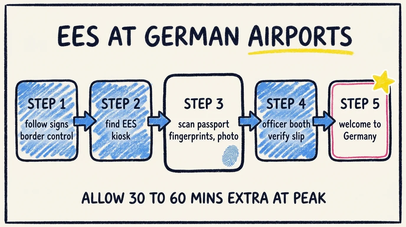 Process flow showing the 5 steps of EES at a German airport: follow signs to border control, find the EES kiosk, scan passport plus fingerprints and photo, then officer booth verifies the slip, then welcome to Germany. Allow 30 to 60 minutes extra at peak times.