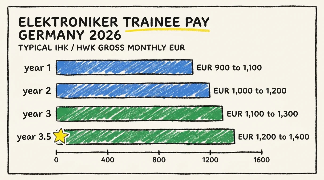 Horizontal bar chart of Elektroniker trainee monthly gross pay in Germany 2026: year 1 EUR 900 to 1,100, year 2 EUR 1,000 to 1,200, year 3 EUR 1,100 to 1,300, year 3.5 EUR 1,200 to 1,400, with a star marking the final half-year