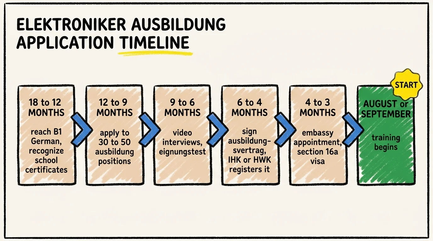 Process flow diagram of the Elektroniker Ausbildung application timeline for international candidates: 18 to 12 months reach B1 German and recognize school certificates, 12 to 9 months apply to 30 to 50 ausbildung positions, 9 to 6 months video interviews and eignungstest, 6 to 4 months sign Ausbildungsvertrag and IHK or HWK registers it, 4 to 3 months embassy appointment for section 16a visa, August or September training begins