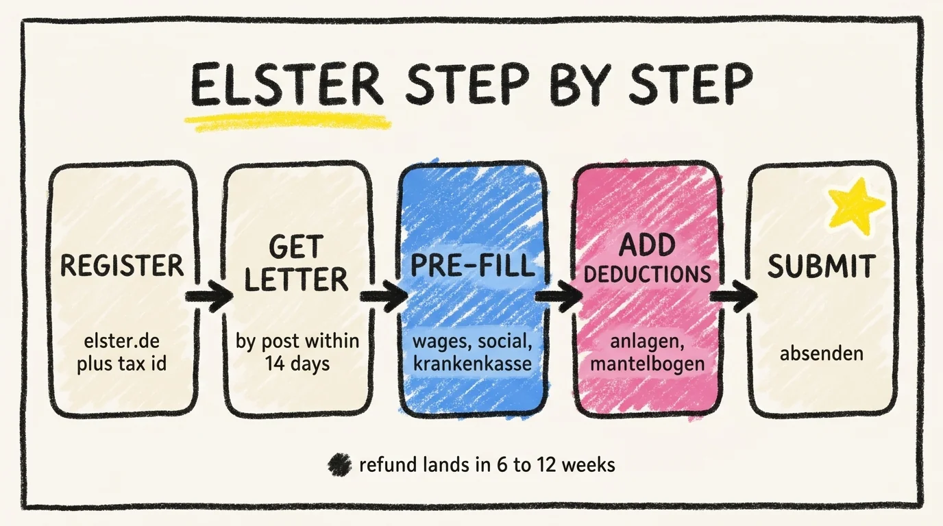 ELSTER tax filing process flow in five steps: register at elster.de with your Tax ID, get the activation letter by post within 14 days, pre-fill wages and social security and Krankenkasse data, add Werbungskosten and Sonderausgaben deductions in Anlagen and Mantelbogen, submit electronically. Refund lands in 6 to 12 weeks.