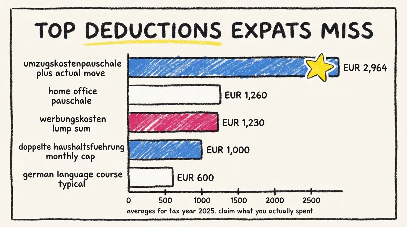 Horizontal bar chart of top deductions German expats commonly miss: Umzugskostenpauschale plus actual move averages around 2,964 euro, home office Pauschale up to 1,260 euro, Werbungskosten lump sum 1,230 euro, doppelte Haushaltsfuehrung monthly cap 1,000 euro, German language course typical 600 euro. Averages for tax year 2025.