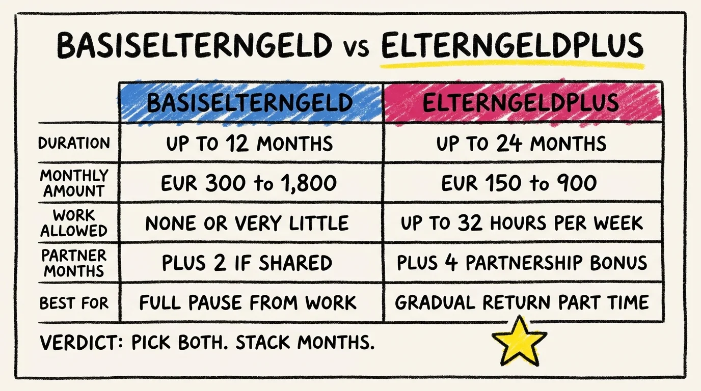 Comparison table of Basiselterngeld and ElterngeldPlus showing duration up to 12 vs 24 months, monthly amounts of EUR 300 to 1,800 vs 150 to 900, work allowed none vs up to 32 hours per week, partner months bonus, and recommended use cases.