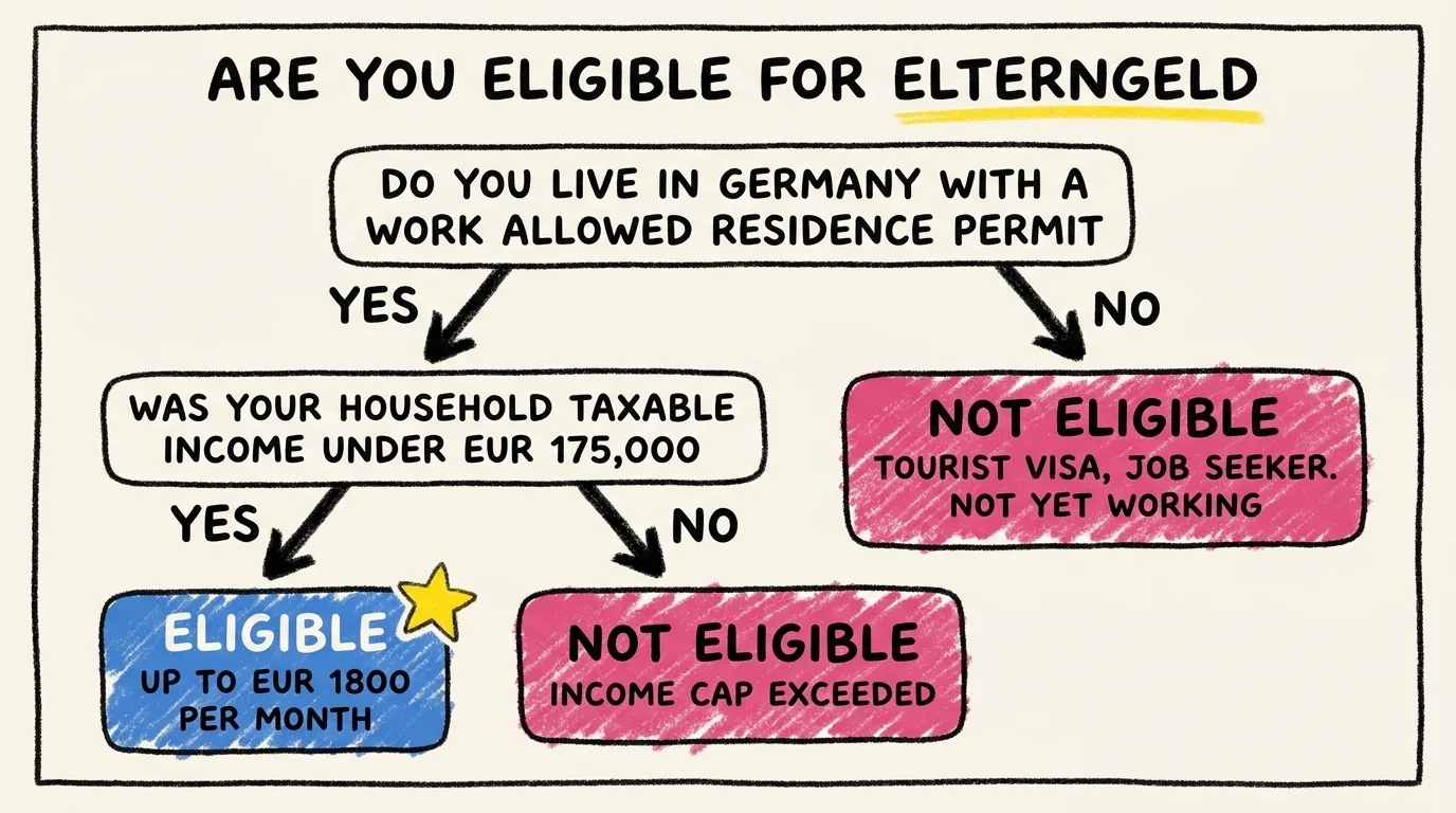 Decision tree for expat Elterngeld eligibility in Germany 2026: live in Germany on a work-allowed residence permit and household taxable income under EUR 175,000 means eligible for up to EUR 1,800 per month. Tourist visa, job seeker without work, or income above the cap means not eligible.