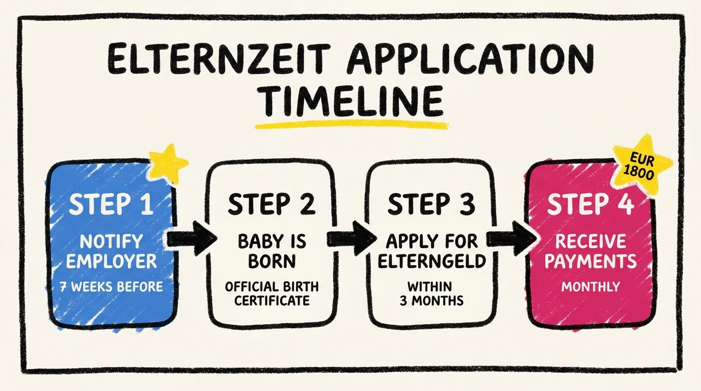Elternzeit application timeline: step 1 notify employer 7 weeks before, step 2 baby is born and obtain official birth certificate, step 3 apply for Elterngeld within 3 months of birth, step 4 receive monthly payments up to EUR 1,800 per month.