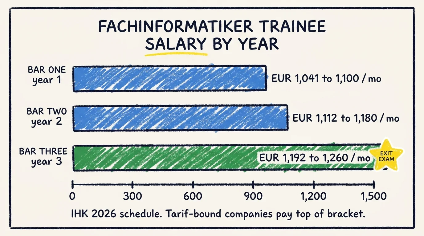 Horizontal bar chart showing Fachinformatiker trainee monthly salary by year: year 1 EUR 1,041 to 1,100, year 2 EUR 1,112 to 1,180, year 3 EUR 1,192 to 1,260, with a star marking the IHK exit exam at the end of year 3.