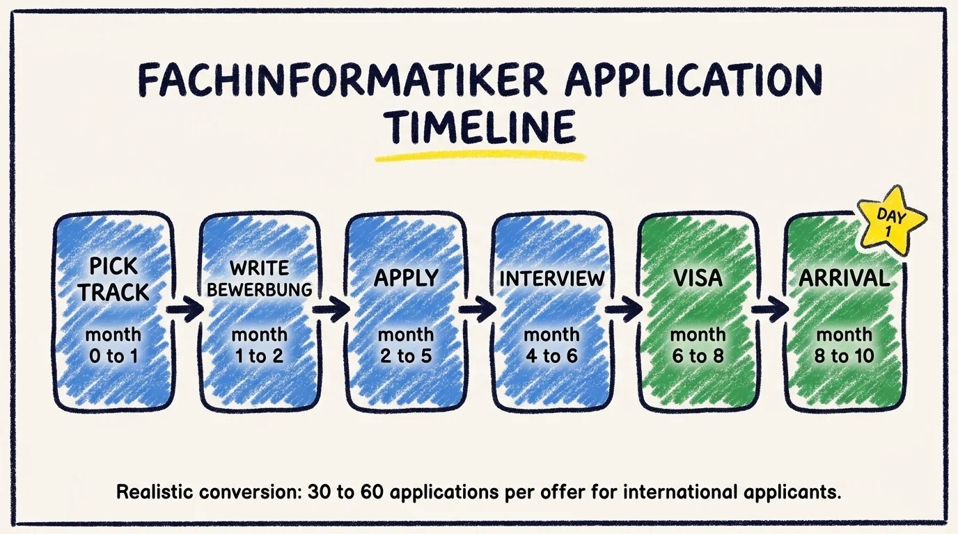 Six-step horizontal application timeline: pick track (month 0 to 1), write Bewerbung (month 1 to 2), apply (month 2 to 5), interview (month 4 to 6), visa (month 6 to 8), arrival (month 8 to 10) marked with a Day 1 star. Caption notes 30 to 60 applications per offer for international applicants.