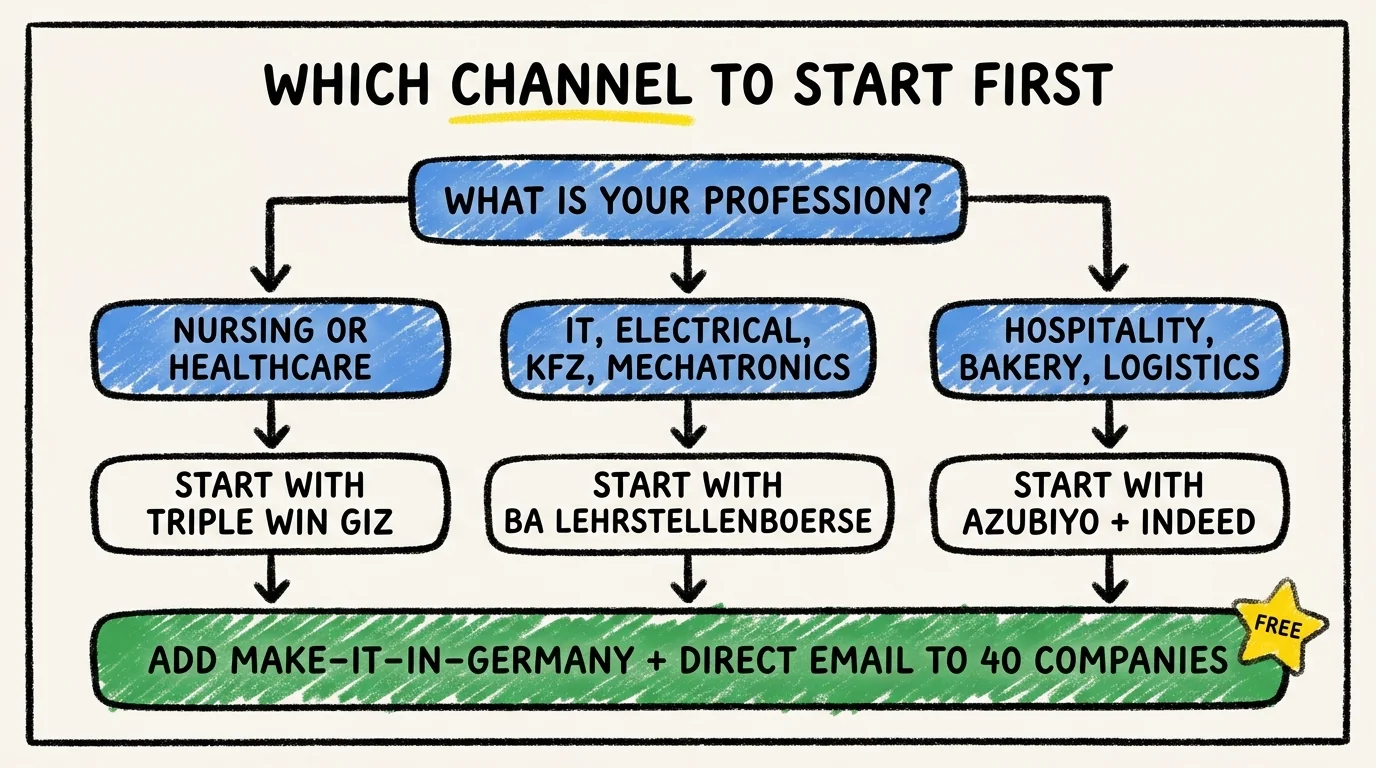 Decision tree showing which Ausbildung company-search channel to start with based on profession: nursing or healthcare leads to Triple Win GIZ, IT and electrical and KFZ and mechatronics leads to BA Lehrstellenbörse, hospitality and bakery and logistics leads to Azubiyo and Indeed, and all routes add Make-it-in-Germany plus direct email to 40 companies.