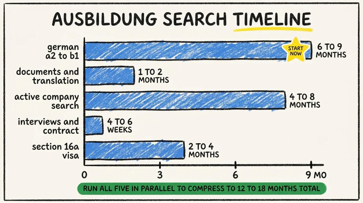 Horizontal bar chart of the Ausbildung search timeline: German A2 to B1 takes 6 to 9 months, documents and translation take 1 to 2 months, active company search takes 4 to 8 months, interviews and contract take 4 to 6 weeks, Section 16a visa filing takes 2 to 4 months. Running all five in parallel compresses the full timeline to 12 to 18 months total.