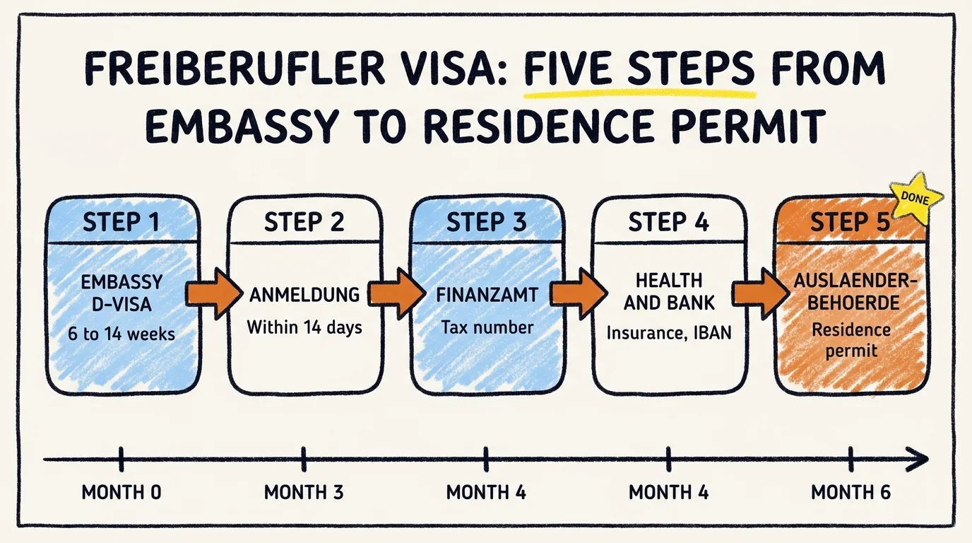 Five steps from embassy D-visa application to residence permit at the Ausländerbehörde, mapped on a six-month crayon timeline showing months 0, 3, 4, 4, and 6.