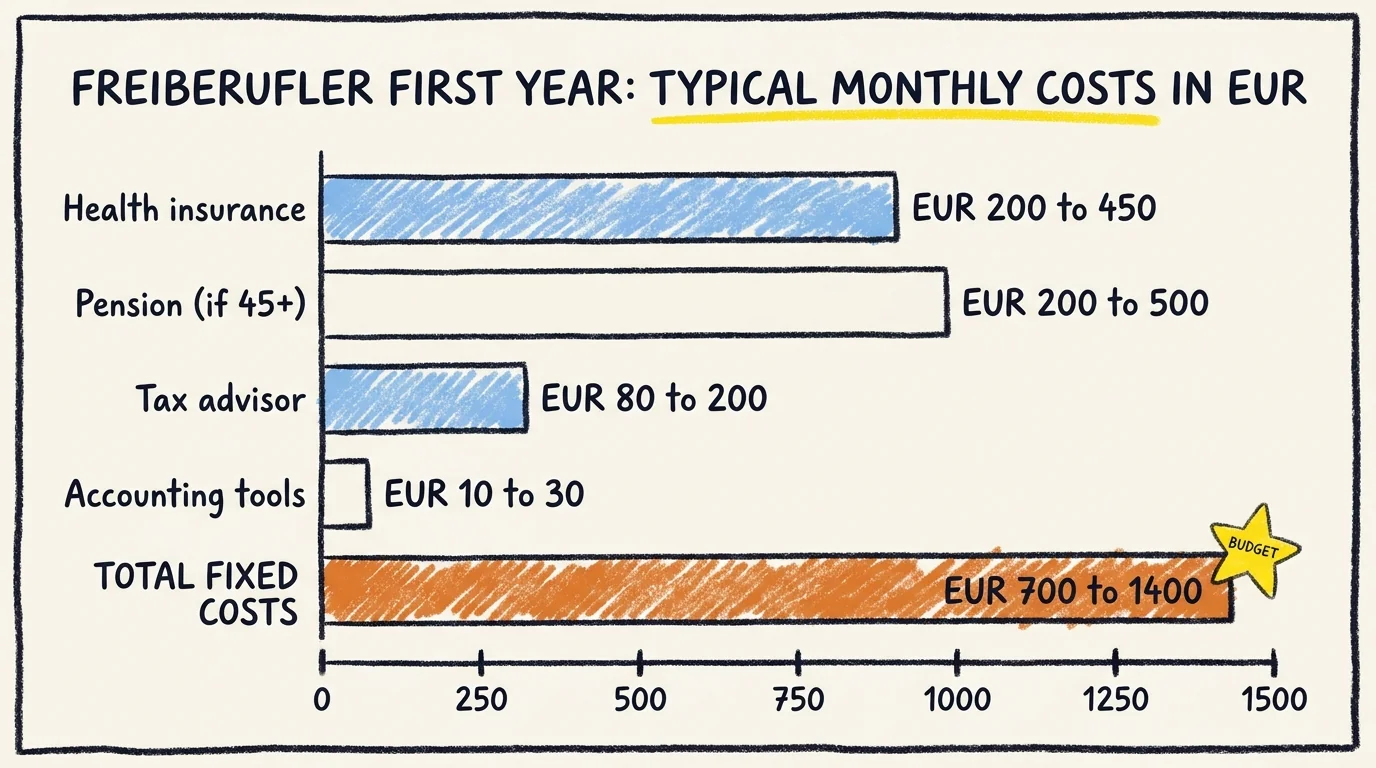 Bar chart of typical monthly fixed costs for a Berlin Freiberufler in year one. Health insurance EUR 200 to 450, pension if 45+ EUR 200 to 500, tax advisor EUR 80 to 200, accounting tools EUR 10 to 30, total fixed costs EUR 700 to 1400.